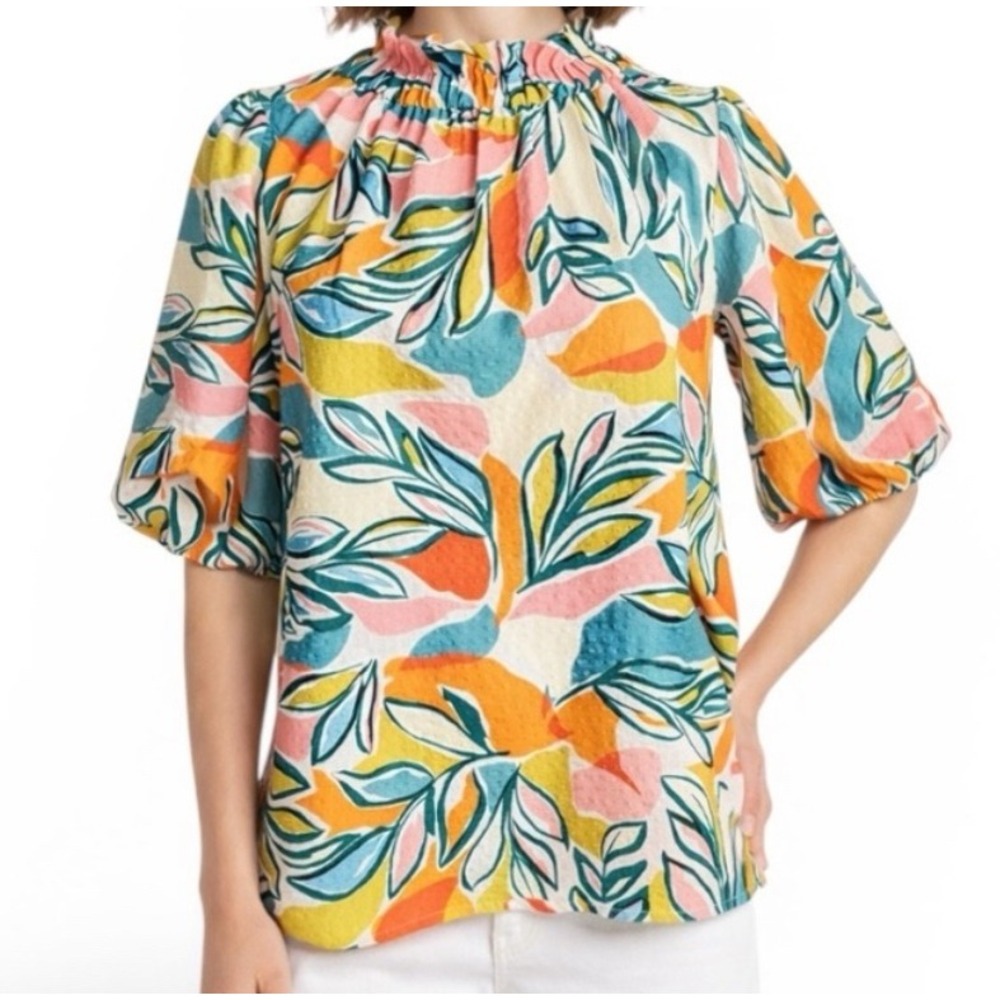 THML Blouse Mock Neck Puff Sleeve Medium Multicolor Abstract Floral Coastal Boho